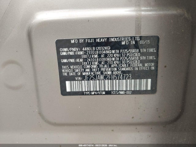 Aukcja sprzedaży 2015 Subaru Forester 2.5i Touring, vin: JF2SJAWC2FH574723, numer aukcji: 45174314