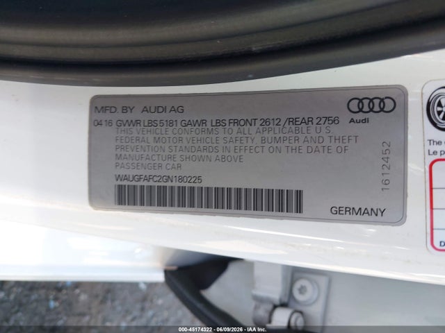 Auction sale of the 2016 Audi A6 2.0t Premium Plus, vin: WAUGFAFC2GN180225, lot number: 45174322