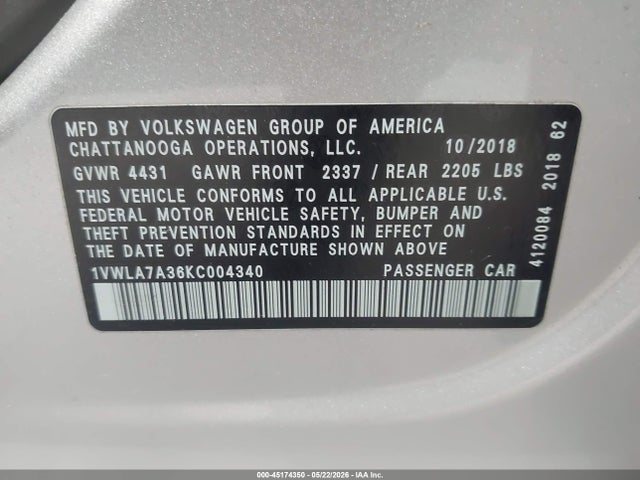 Продаж на аукціоні авто 2019 Volkswagen Passat 2.0t Wolfsburg Edition, vin: 1VWLA7A36KC004340, номер лоту: 45174350