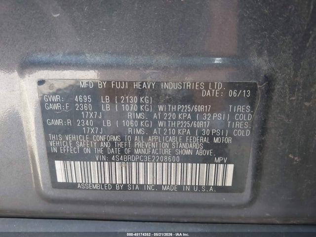 45174352 :رقم المزاد ، 4S4BRDPC3E2208600 vin ، 2014 Subaru Outback 3.6r Limited مزاد بيع