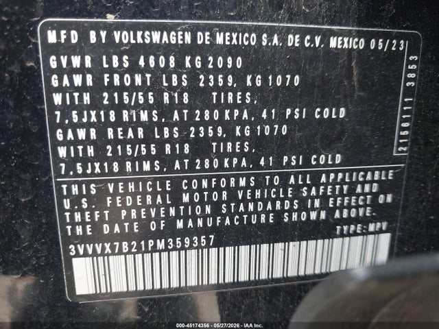 Продажа на аукционе авто 2023 Volkswagen Taos 1.5t Se, vin: 3VVVX7B21PM359357, номер лота: 45174356