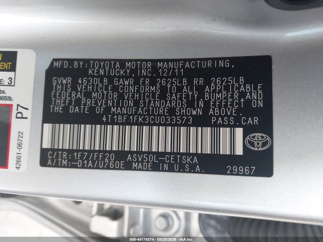 Aukcja sprzedaży 2012 Toyota Camry Se, vin: 4T1BF1FK3CU033573, numer aukcji: 45174374