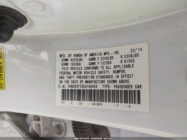 Aukcja sprzedaży 2014 Honda Accord Lx, vin: 1HGCR2F35EA168459, numer aukcji: 45174375
