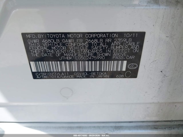 2012 Lexus Es 350 მანქანა იყიდება აუქციონზე, vin: JTHBK1EG5C2475990, აუქციონის ნომერი: 45174383