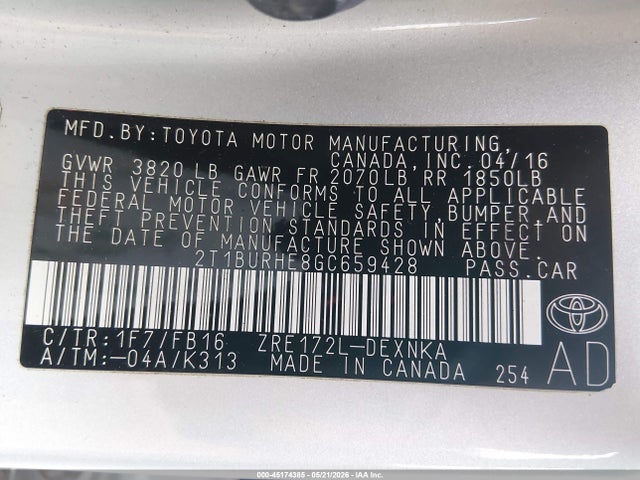 45174385 :رقم المزاد ، 2T1BURHE8GC659428 vin ، 2016 Toyota Corolla Le مزاد بيع