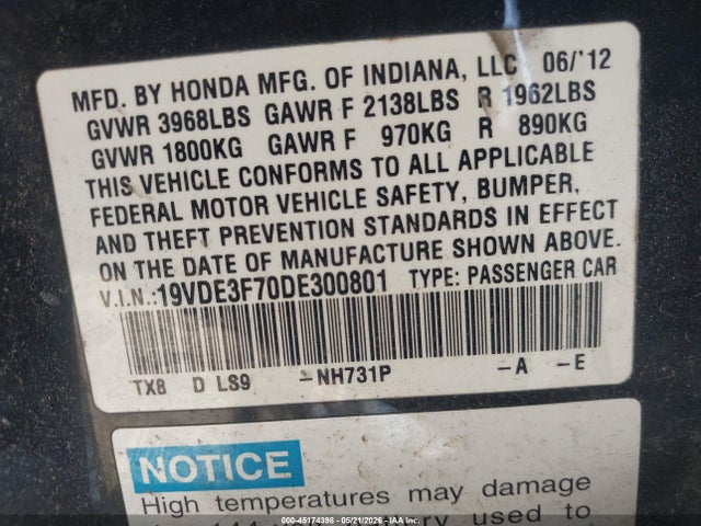 45174398 :رقم المزاد ، 19VDE3F70DE300801 vin ، 2013 Acura Ilx Hybrid 1.5l مزاد بيع