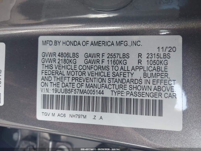 Aukcja sprzedaży 2021 Acura Tlx A-spec Package, vin: 19UUB5F57MA005144, numer aukcji: 45174411