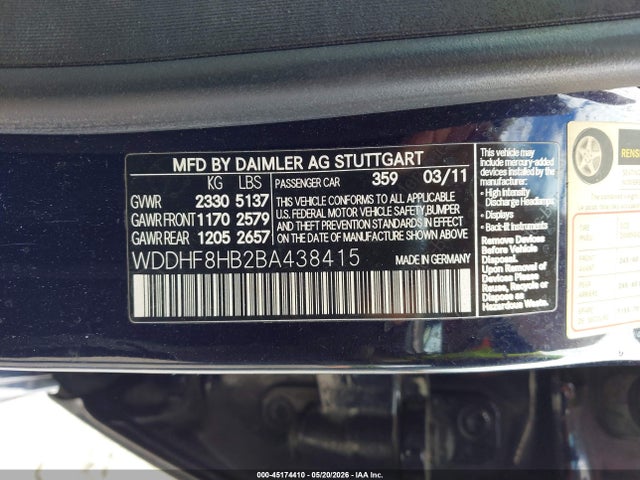 Aukcja sprzedaży 2011 Mercedes-benz E 350 4matic, vin: WDDHF8HB2BA438415, numer aukcji: 45174410