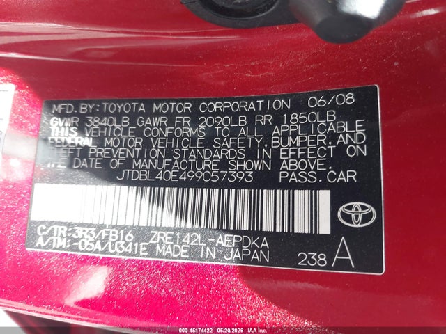 Продаж на аукціоні авто 2009 Toyota Corolla Le, vin: JTDBL40E499057393, номер лоту: 45174422
