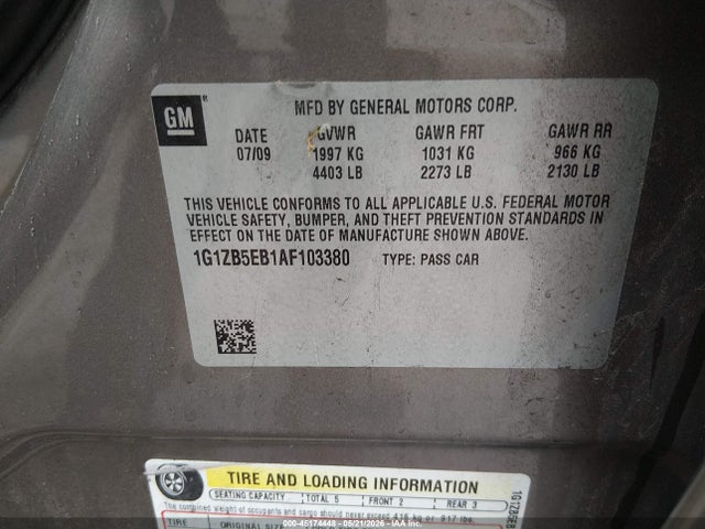 45174448 :رقم المزاد ، 1G1ZB5EB1AF103380 vin ، 2010 Chevrolet Malibu Ls مزاد بيع
