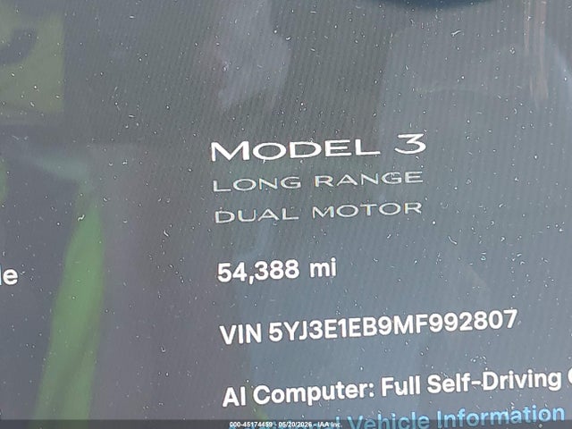 Продажа на аукционе авто 2021 Tesla Model 3 Long Range, vin: 5YJ3E1EB9MF992807, номер лота: 45174459