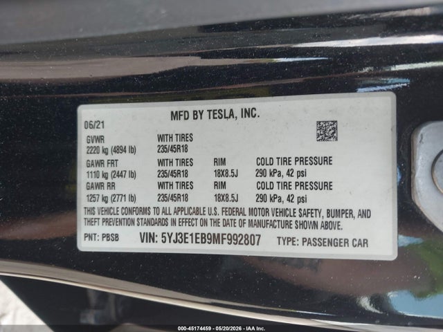 Продажа на аукционе авто 2021 Tesla Model 3 Long Range, vin: 5YJ3E1EB9MF992807, номер лота: 45174459