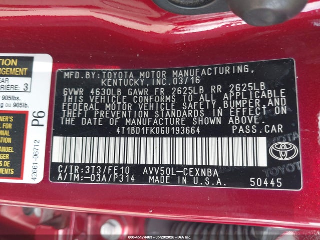 45174463 :رقم المزاد ، 4T1BD1FK0GU193664 vin ، 2016 Toyota Camry Hybrid Le مزاد بيع
