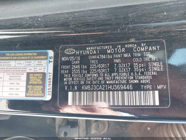 2017 Hyundai Tucson Eco მანქანა იყიდება აუქციონზე, vin: KM8J3CA21HU369446, აუქციონის ნომერი: 45174485