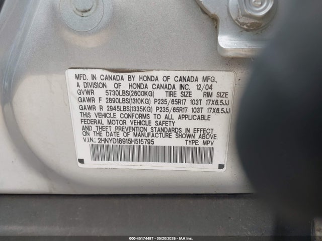 2005 Acura Mdx მანქანა იყიდება აუქციონზე, vin: 2HNYD18915H515795, აუქციონის ნომერი: 45174487