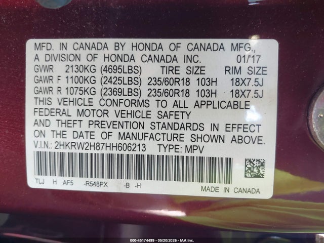 Продажа на аукционе авто 2017 Honda Cr-v Ex-l/ex-l Navi, vin: 2HKRW2H87HH606213, номер лота: 45174499
