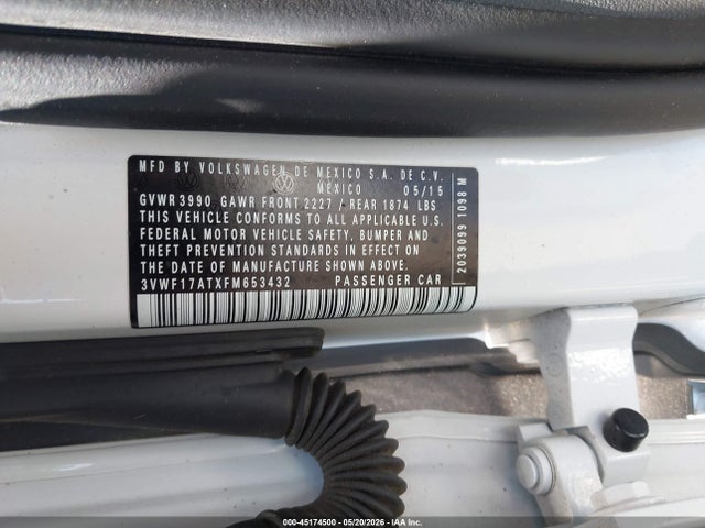 2015 Volkswagen Beetle 1.8t Classic მანქანა იყიდება აუქციონზე, vin: 3VWF17ATXFM653432, აუქციონის ნომერი: 45174500
