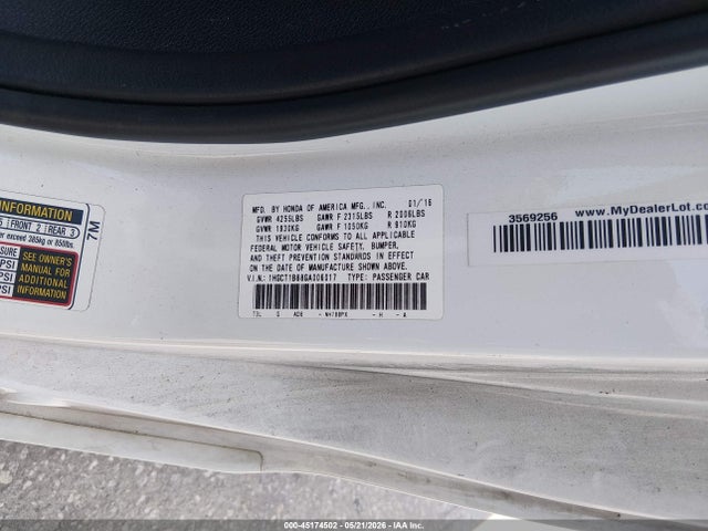 Aukcja sprzedaży 2016 Honda Accord Ex-l, vin: 1HGCT1B88GA006017, numer aukcji: 45174502