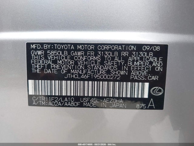 45174505 :رقم المزاد ، JTHCL46F195000272 vin ، 2009 Lexus Ls 460 مزاد بيع