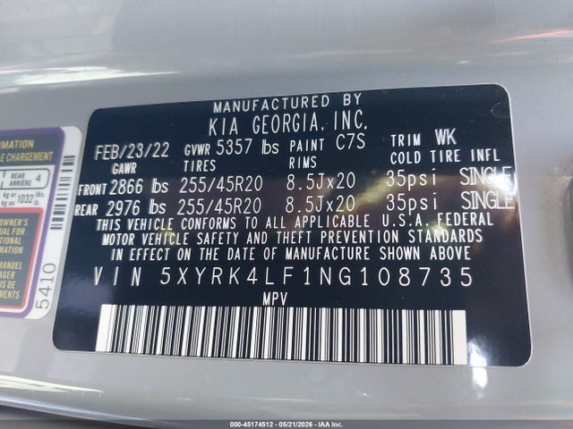45174512 :رقم المزاد ، 5XYRK4LF1NG108735 vin ، 2022 Kia Sorento Sx Prestige مزاد بيع