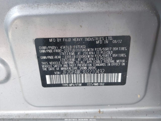 45174514 :رقم المزاد ، JF2GPAWC3D2210492 vin ، 2013 Subaru Xv Crosstrek 2.0i Premium مزاد بيع