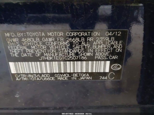 45174522 :رقم المزاد ، JTHBK1EG1C2507186 vin ، 2012 Lexus Es 350 مزاد بيع