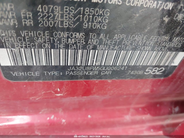45174523 :رقم المزاد ، JA32U8FW5GU006241 vin ، 2016 Mitsubishi Lancer Gt مزاد بيع