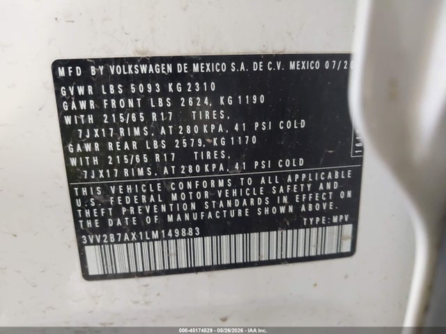 2020 Volkswagen Tiguan 2.0t Se/2.0t Se R-line Black/2.0t Sel მანქანა იყიდება აუქციონზე, vin: 3VV2B7AX1LM149883, აუქციონის ნომერი: 45174529