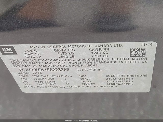 Auction sale of the 2015 Gmc Terrain Slt-1, vin: 2GKFLXEK1F6223236, lot number: 45174531
