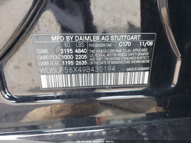 45174536 :رقم المزاد ، WDBUF56X49B430194 vin ، 2009 Mercedes-benz E 350 مزاد بيع