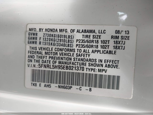 Aukcja sprzedaży 2014 Honda Odyssey Touring/touring Elite, vin: 5FNRL5H95EB021370, numer aukcji: 45174540