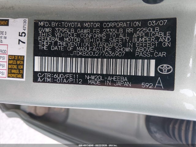 Auction sale of the 2007 Toyota Prius, vin: JTDKB20U277636907, lot number: 45174548