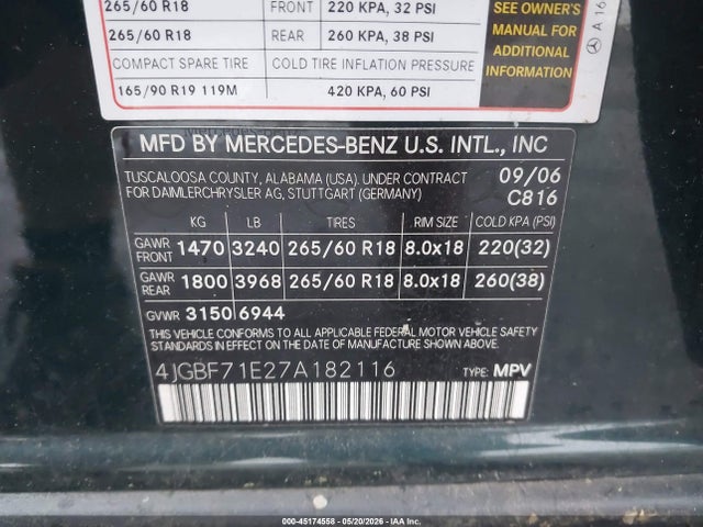 Aukcja sprzedaży 2007 Mercedes-benz Gl 450 4matic, vin: 4JGBF71E27A182116, numer aukcji: 45174558