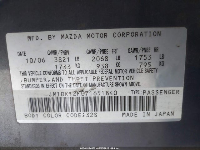 45174572 :رقم المزاد ، JM1BK12F071651840 vin ، 2007 Mazda Mazda3 I مزاد بيع