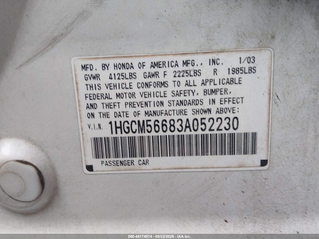 Продажа на аукционе авто 2003 Honda Accord 2.4 Ex, vin: 1HGCM56683A052230, номер лота: 45174574