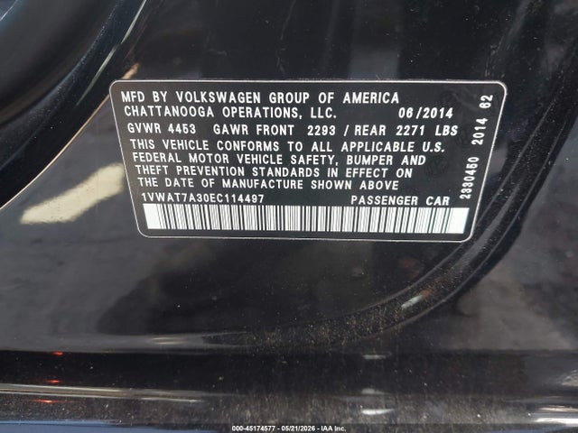 2014 Volkswagen Passat 1.8t S მანქანა იყიდება აუქციონზე, vin: 1VWAT7A30EC114497, აუქციონის ნომერი: 45174577