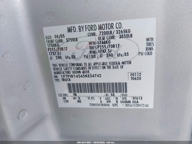 2005 Ford F-150 Fx4/lariat/xlt მანქანა იყიდება აუქციონზე, vin: 1FTPW14545KE54742, აუქციონის ნომერი: 45174587