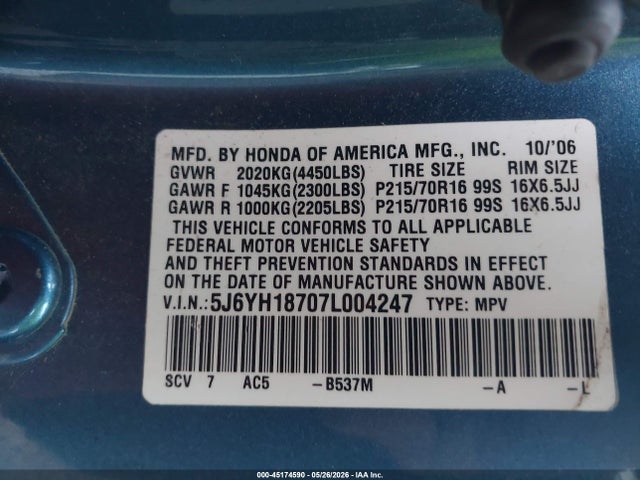 Продажа на аукционе авто 2007 Honda Element Ex, vin: 5J6YH18707L004247, номер лота: 45174590