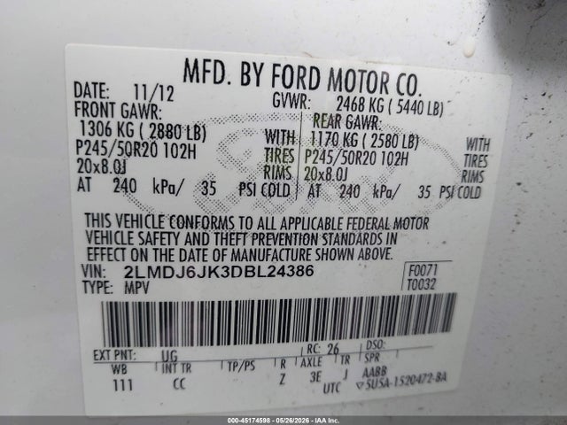Продажа на аукционе авто 2013 Lincoln Mkx, vin: 2LMDJ6JK3DBL24386, номер лота: 45174598