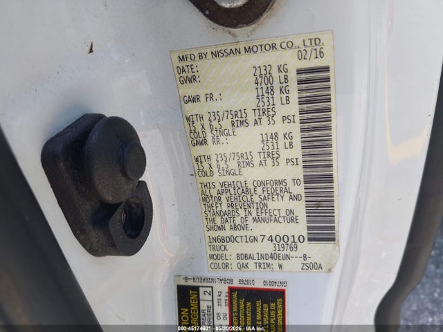 Продажа на аукционе авто 2016 Nissan Frontier S/sv-i4, vin: 1N6BD0CT1GN740010, номер лота: 45174601