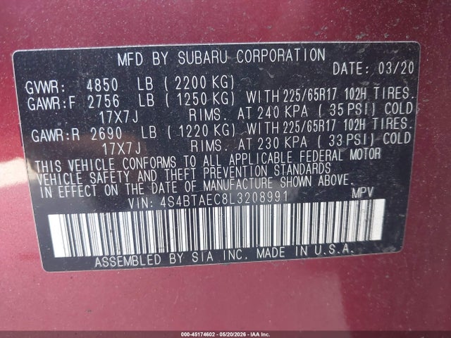 Продаж на аукціоні авто 2020 Subaru Outback Premium, vin: 4S4BTAEC8L3208991, номер лоту: 45174602