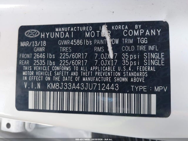 Продаж на аукціоні авто 2018 Hyundai Tucson Sel, vin: KM8J33A43JU712443, номер лоту: 45174609