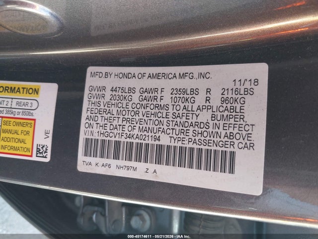 1HGCV1F34KA021194 Honda Accord Sport