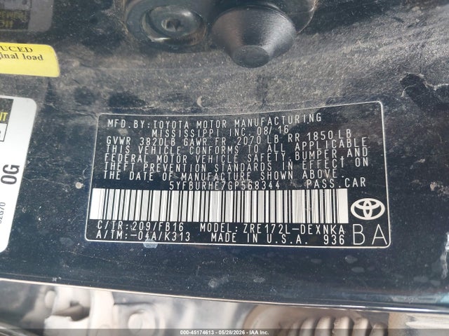 Продаж на аукціоні авто 2016 Toyota Corolla Le, vin: 5YFBURHE7GP568344, номер лоту: 45174613