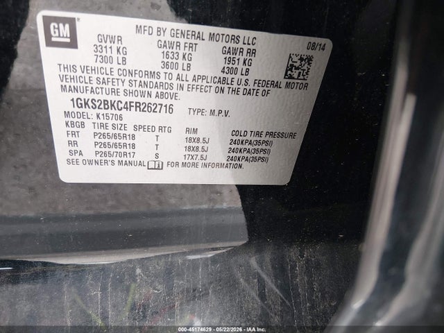 Продажа на аукционе авто 2015 Gmc Yukon Slt, vin: 1GKS2BKC4FR262716, номер лота: 45174629