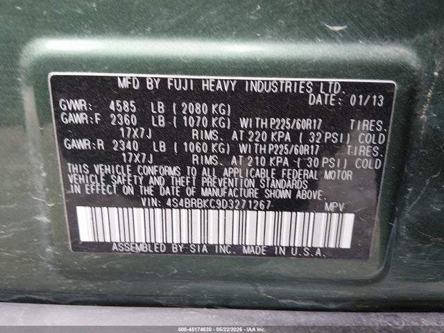 2013 Subaru Outback 2.5i Limited მანქანა იყიდება აუქციონზე, vin: 4S4BRBKC9D3271267, აუქციონის ნომერი: 45174630