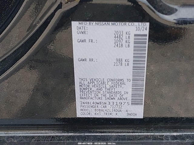 Auction sale of the 2025 Nissan Altima Sv Awd, vin: 1N4BL4DW8SN331975, lot number: 45174638