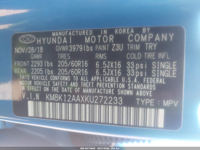 Продажа на аукционе авто 2019 Hyundai Kona Se, vin: KM8K12AAXKU272233, номер лота: 45174645