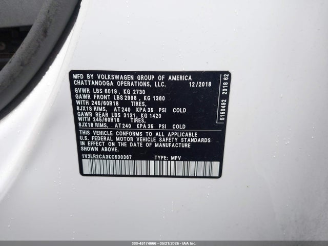 1V2LR2CA3KC530367 Volkswagen Atlas 3.6l V6 Se