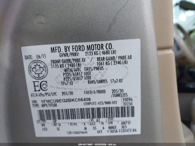 Aukcja sprzedaży 2011 Ford Escape Limited, vin: 1FMCU9EG2BKC66408, numer aukcji: 45174667